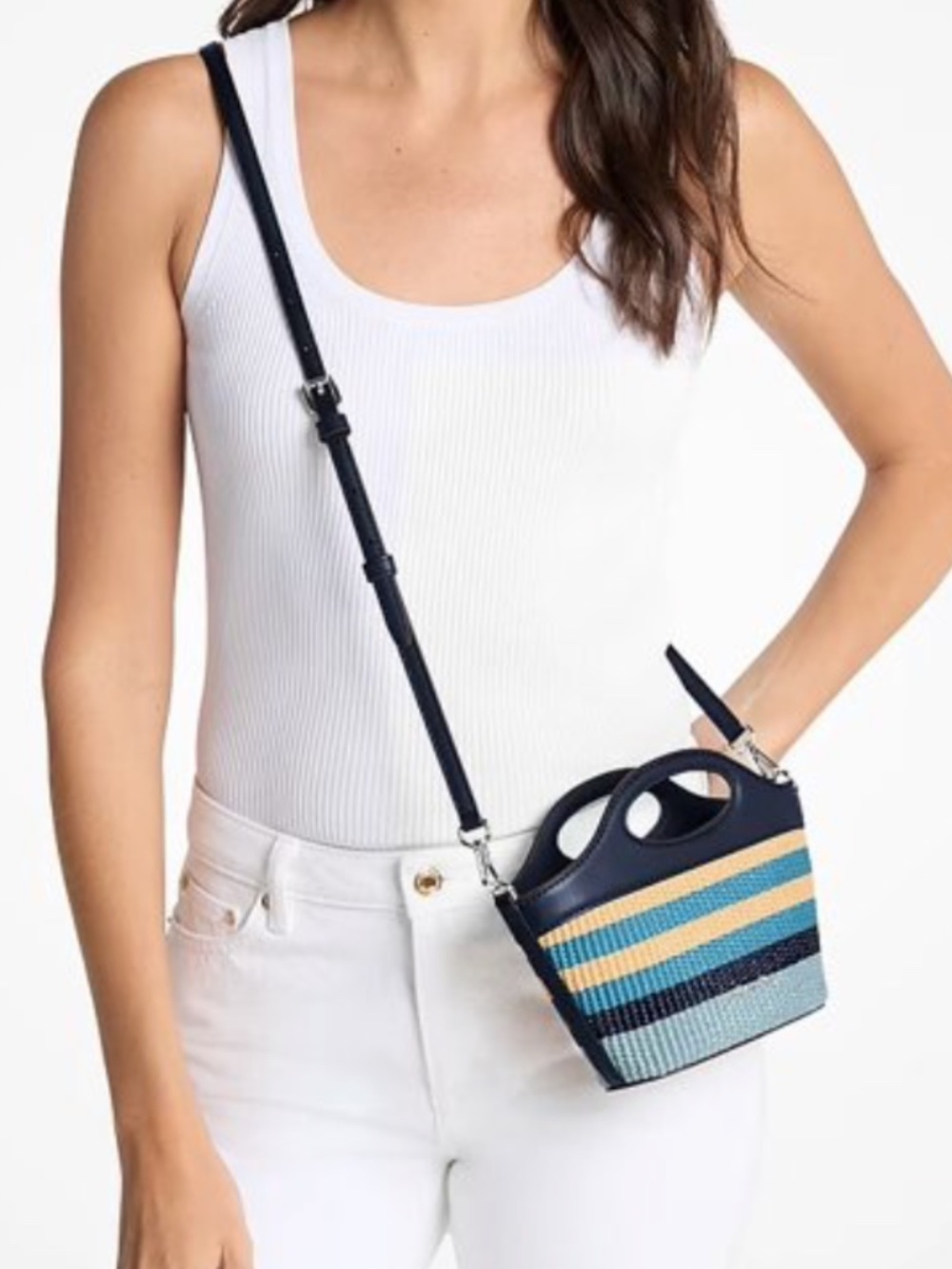 Michael Kors Tatum Small Striped Woven Crossbody Bag - Navy